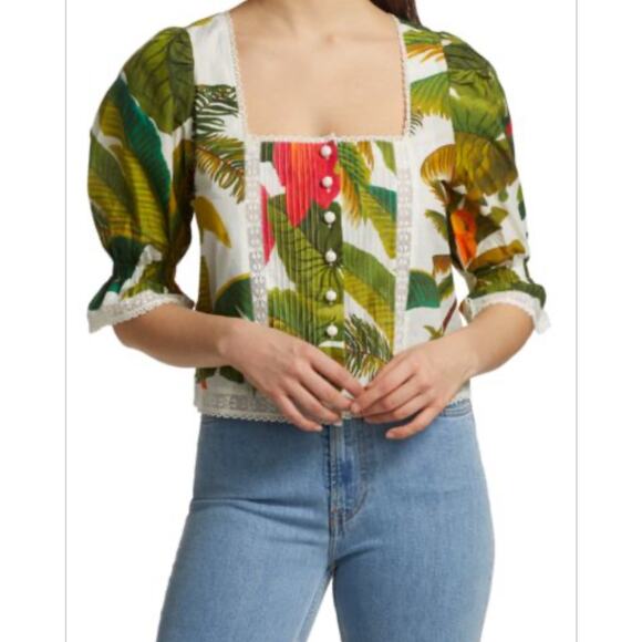 FARM Rio Cocoa Forest Puff-Sleeve Blouse - Picture 1 of 5